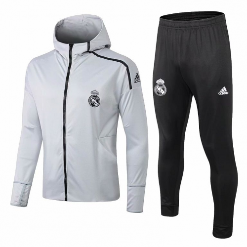Real Madrid 18/19 Hoody Jacket Tracksuit Light Grey With Pants